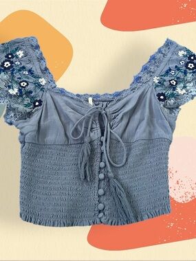 Free People Periwinkle Embroidered Lace-Sleeve Crop Top